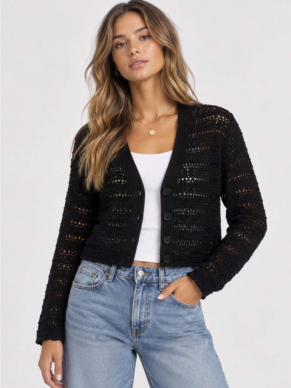 Forever 21 Women’s 0X Open Knit Black Button Down Cardigan Long Sleeve Classic